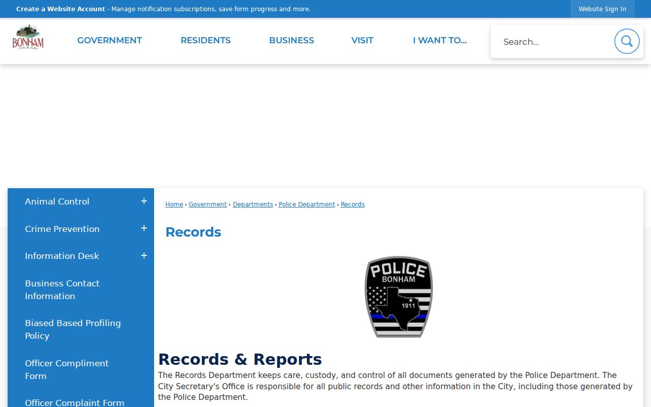 Bonham police criminal and crash records page
